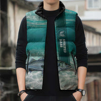 Striped Bass Fishing Sleeveless Puffer Jacket with Underwater Ocean Scene and Teal Water Pattern - Wonder Print Shop