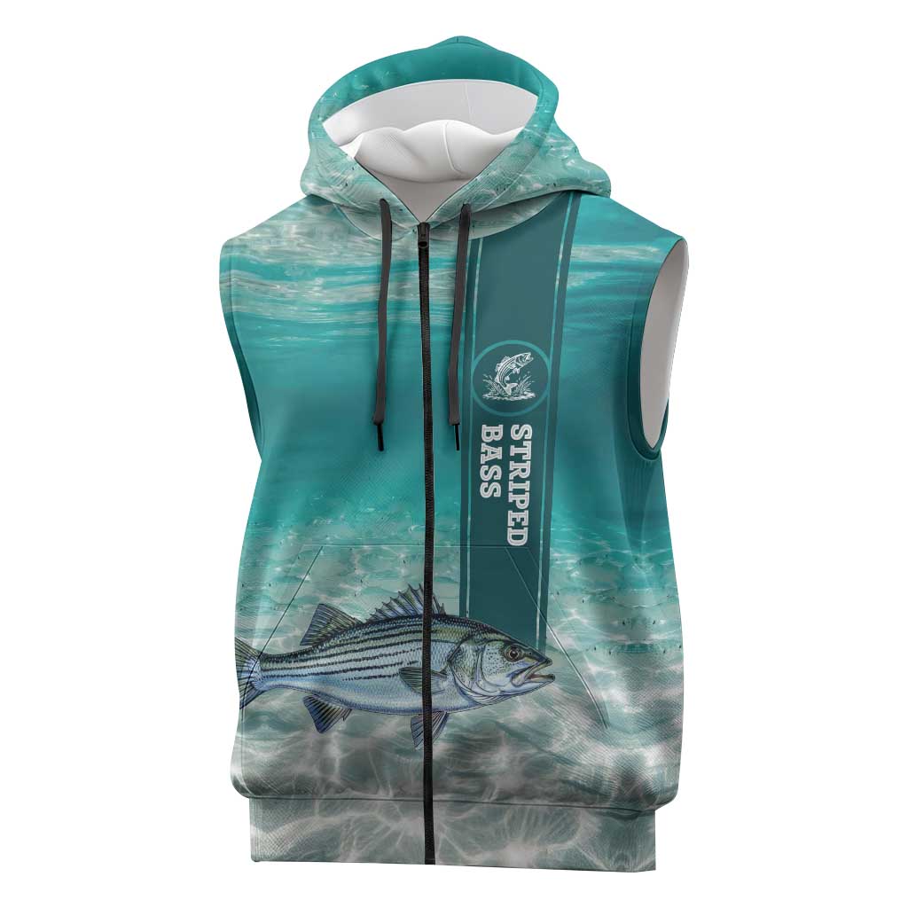 Striped Bass Fishing Sleeveless Zip Hoodie with Underwater Ocean Scene and Teal Water Pattern - Wonder Print Shop