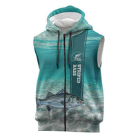 Striped Bass Fishing Sleeveless Zip Hoodie with Underwater Ocean Scene and Teal Water Pattern - Wonder Print Shop
