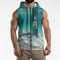 Striped Bass Fishing Sleeveless Zip Hoodie with Underwater Ocean Scene and Teal Water Pattern - Wonder Print Shop