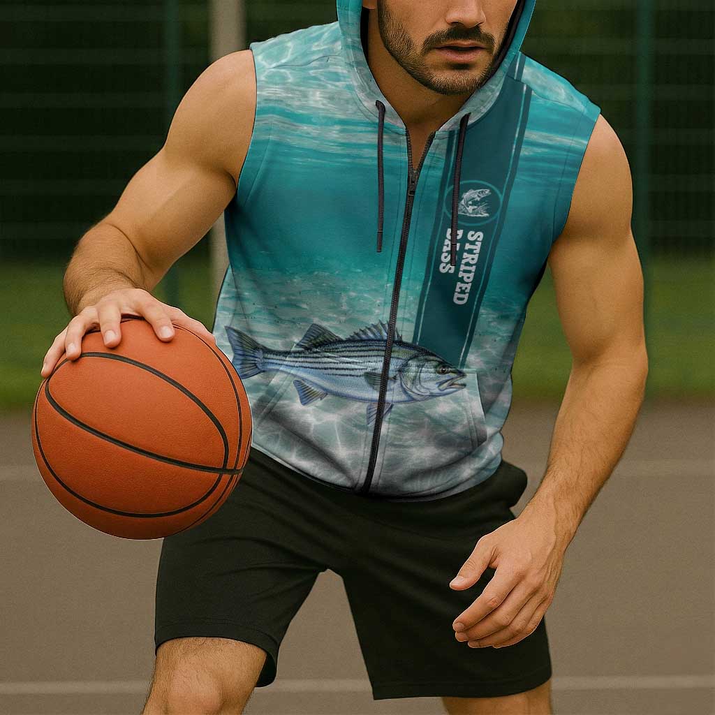 Striped Bass Fishing Sleeveless Zip Hoodie with Underwater Ocean Scene and Teal Water Pattern - Wonder Print Shop