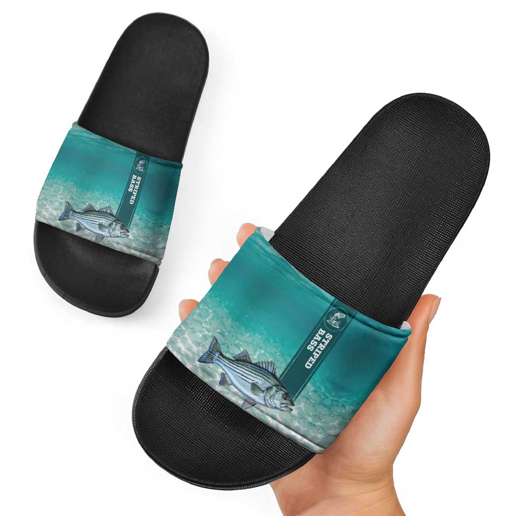 Striped Bass Fishing Slide Sandals with Underwater Ocean Scene and Teal Water Pattern - Wonder Print Shop