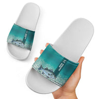 Striped Bass Fishing Slide Sandals with Underwater Ocean Scene and Teal Water Pattern - Wonder Print Shop
