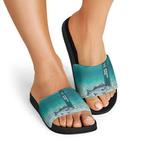 Striped Bass Fishing Slide Sandals with Underwater Ocean Scene and Teal Water Pattern - Wonder Print Shop
