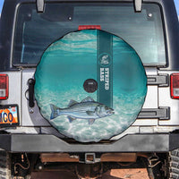 Striped Bass Fishing Spare Tire Cover with Underwater Ocean Scene and Teal Water Pattern - Wonder Print Shop