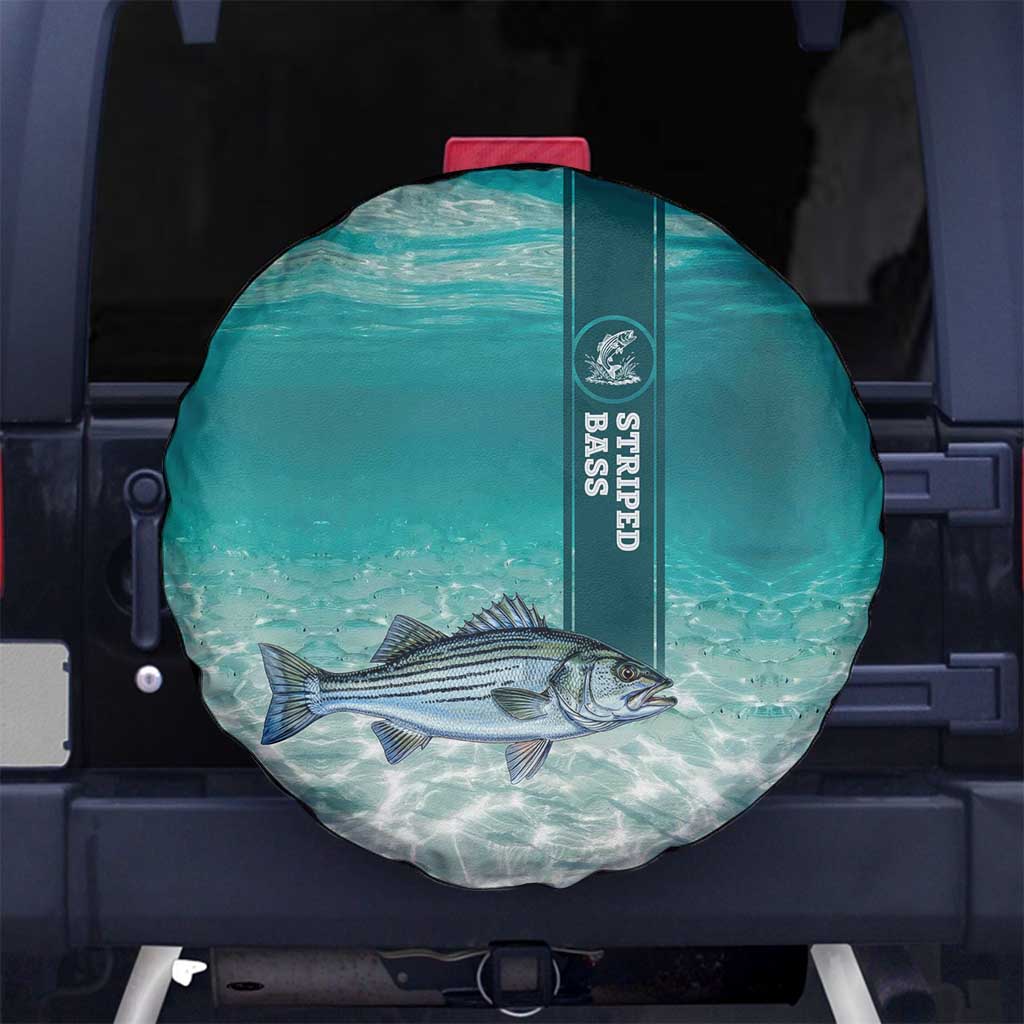 Striped Bass Fishing Spare Tire Cover with Underwater Ocean Scene and Teal Water Pattern - Wonder Print Shop