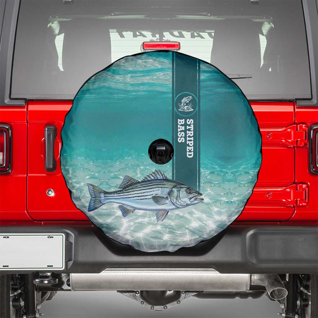 Striped Bass Fishing Spare Tire Cover with Underwater Ocean Scene and Teal Water Pattern - Wonder Print Shop