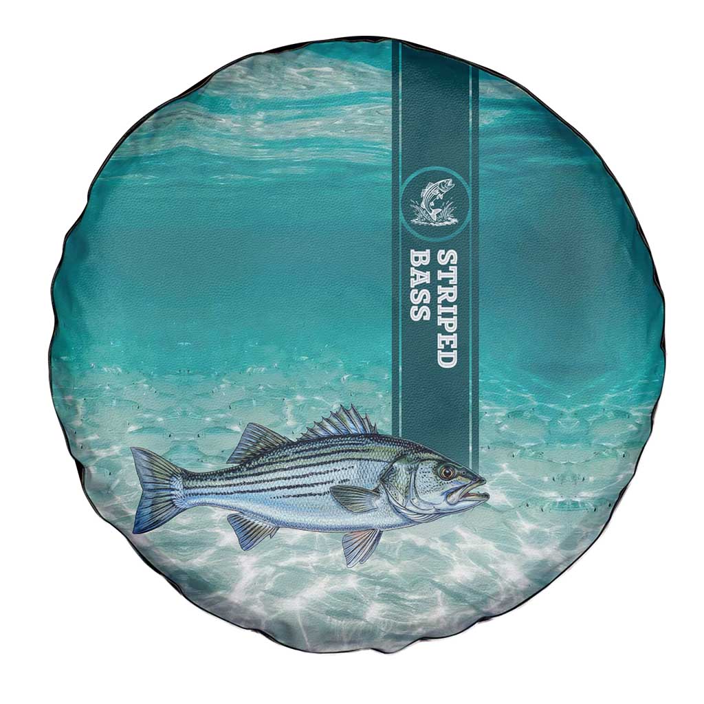 Striped Bass Fishing Spare Tire Cover with Underwater Ocean Scene and Teal Water Pattern - Wonder Print Shop
