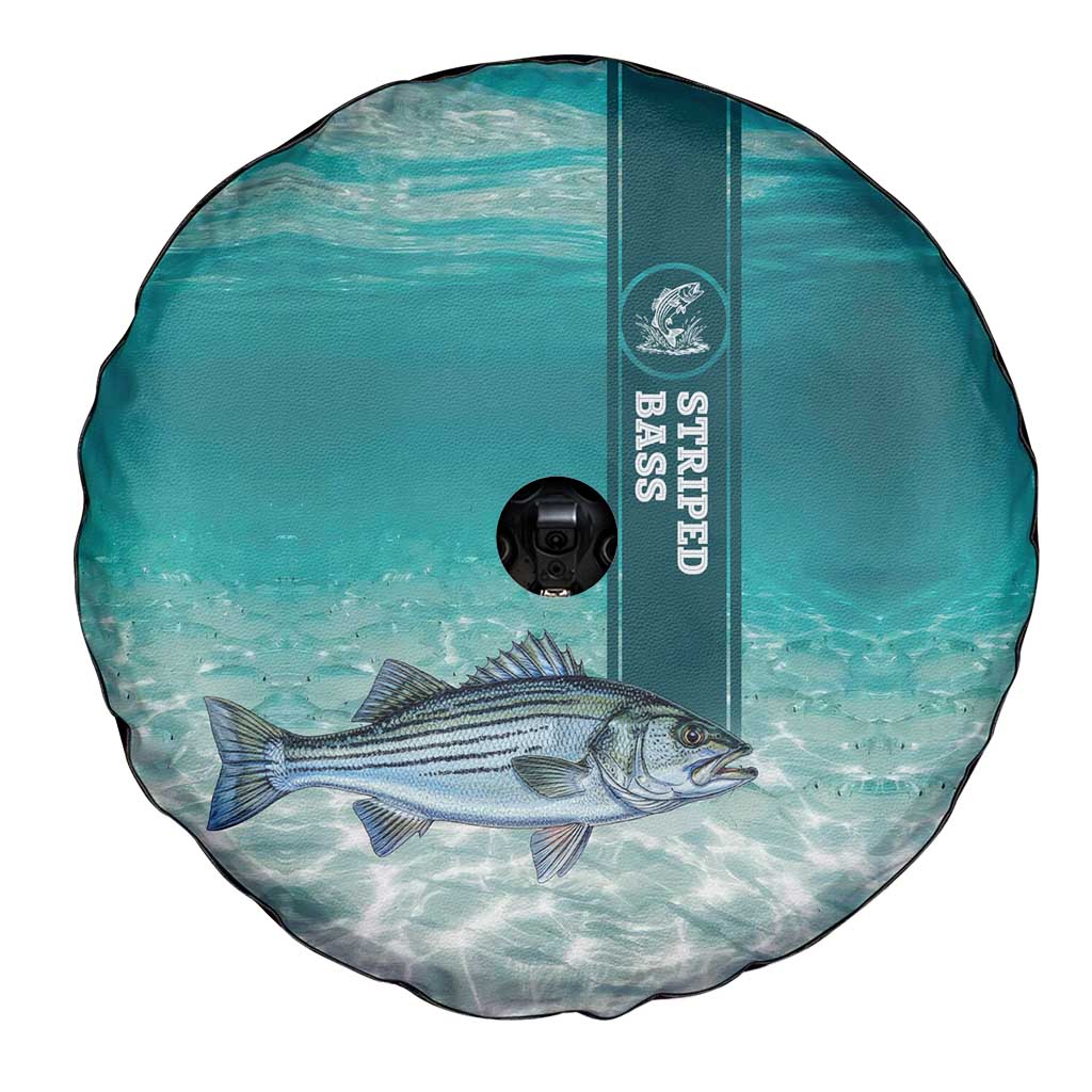 Striped Bass Fishing Spare Tire Cover with Underwater Ocean Scene and Teal Water Pattern - Wonder Print Shop