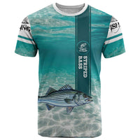 Striped Bass Fishing T Shirt with Underwater Ocean Scene and Teal Water Pattern - Wonder Print Shop