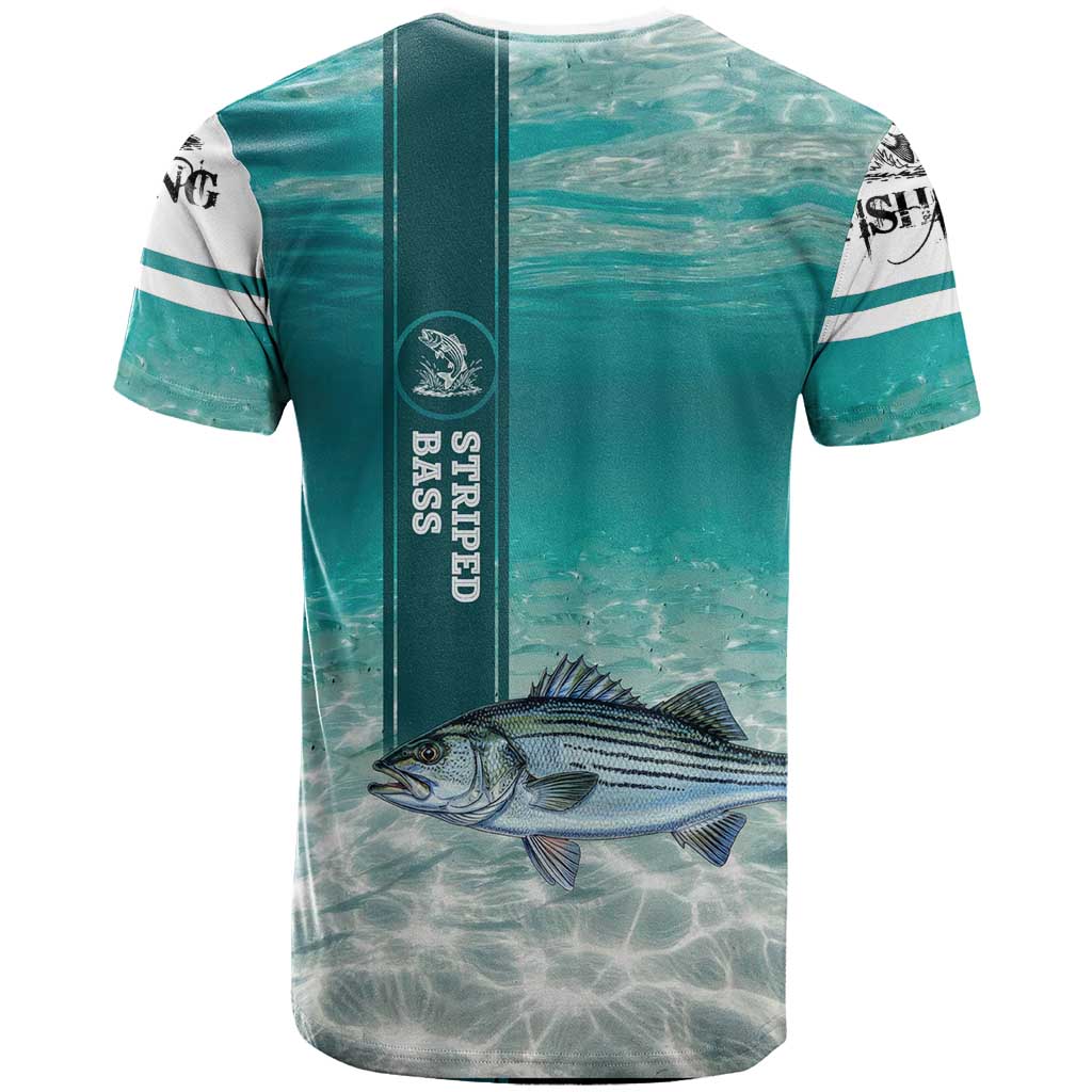Striped Bass Fishing T Shirt with Underwater Ocean Scene and Teal Water Pattern - Wonder Print Shop