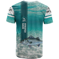 Striped Bass Fishing T Shirt with Underwater Ocean Scene and Teal Water Pattern - Wonder Print Shop