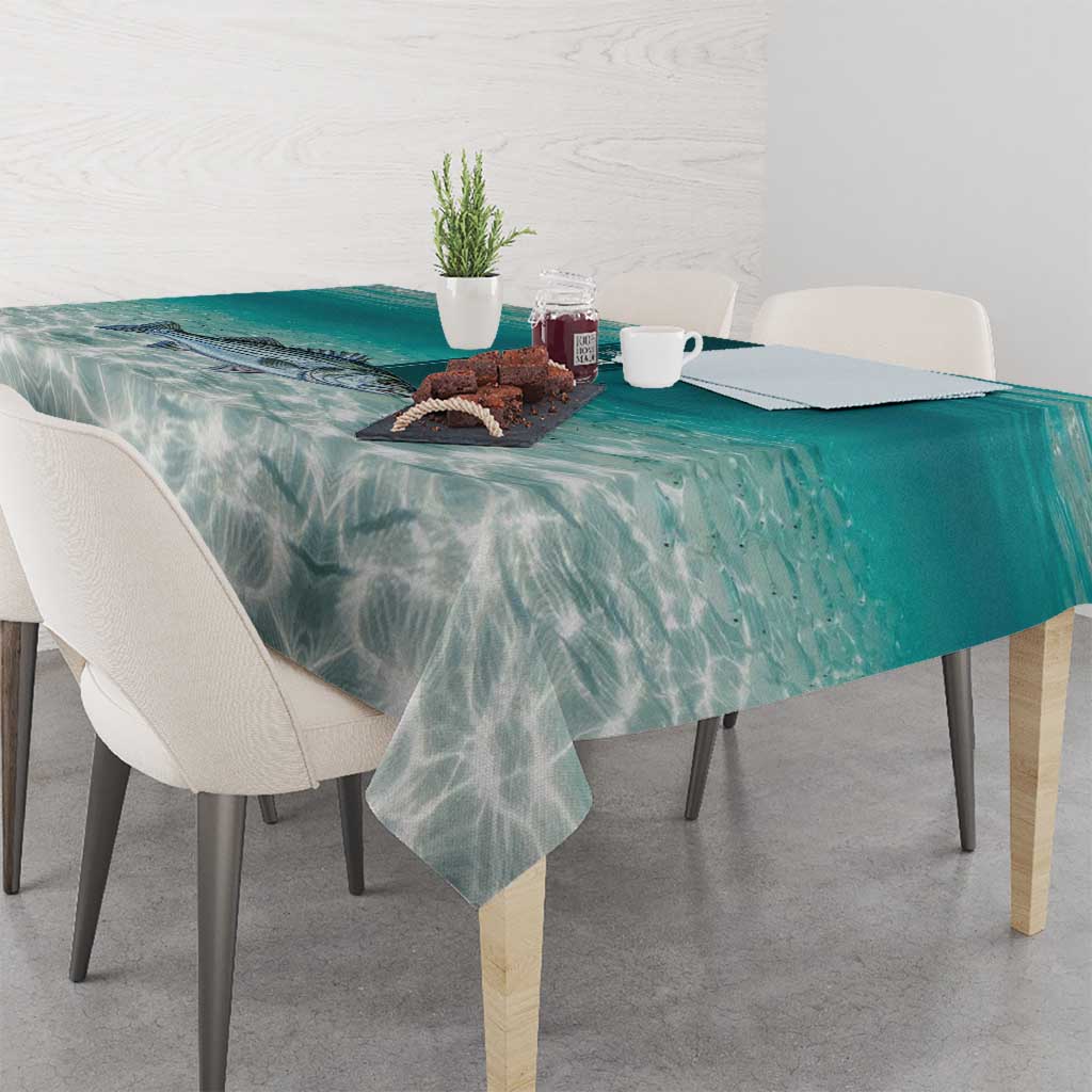 Striped Bass Fishing Tablecloth with Underwater Ocean Scene and Teal Water Pattern - Wonder Print Shop