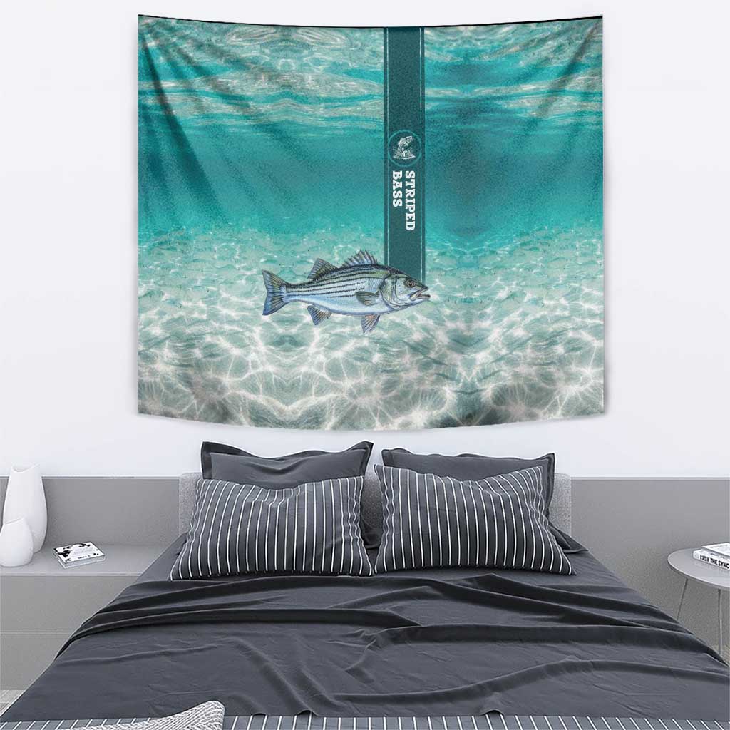 Striped Bass Fishing Tapestry with Underwater Ocean Scene and Teal Water Pattern - Wonder Print Shop