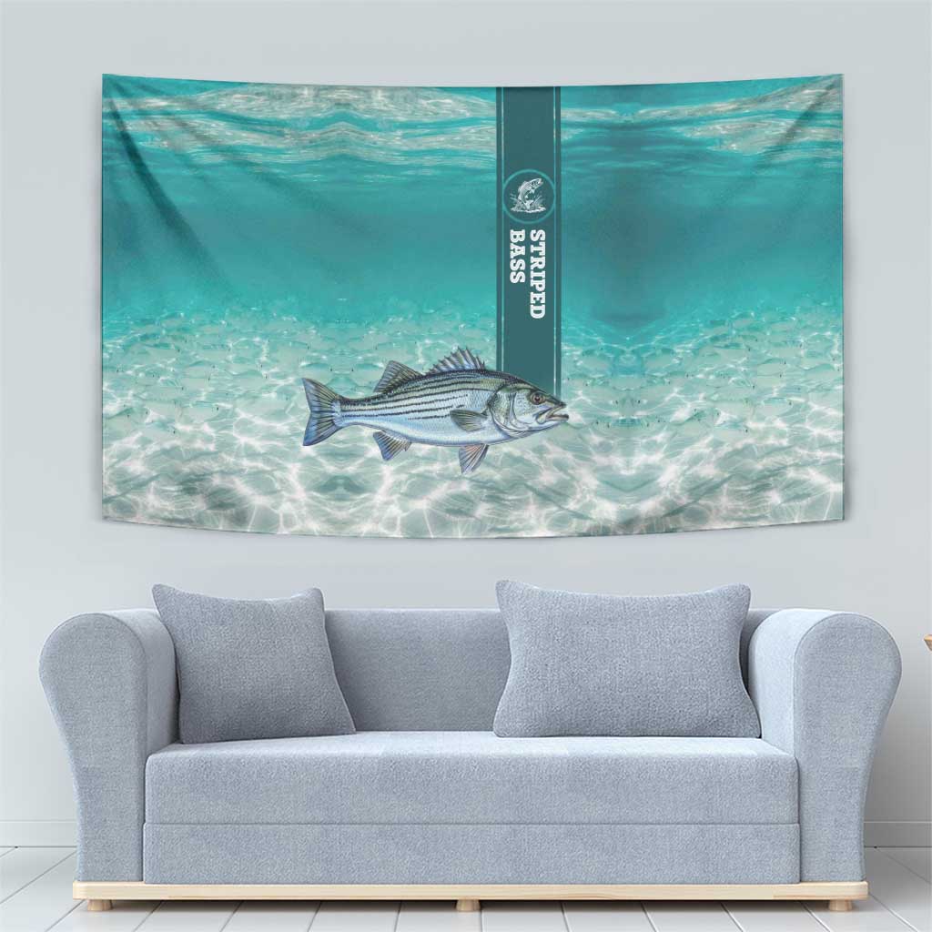 Striped Bass Fishing Tapestry with Underwater Ocean Scene and Teal Water Pattern - Wonder Print Shop