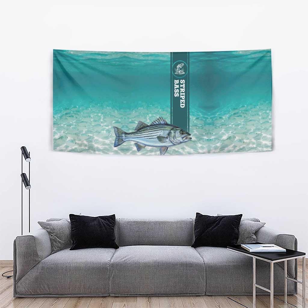 Striped Bass Fishing Tapestry with Underwater Ocean Scene and Teal Water Pattern - Wonder Print Shop
