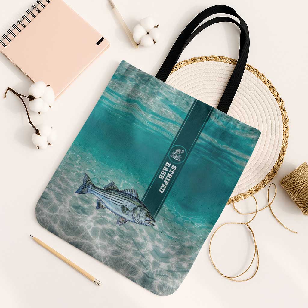 Striped Bass Fishing Tote Bag with Underwater Ocean Scene and Teal Water Pattern - Wonder Print Shop