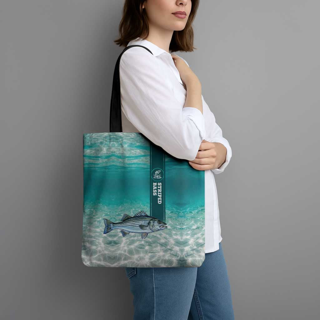 Striped Bass Fishing Tote Bag with Underwater Ocean Scene and Teal Water Pattern - Wonder Print Shop