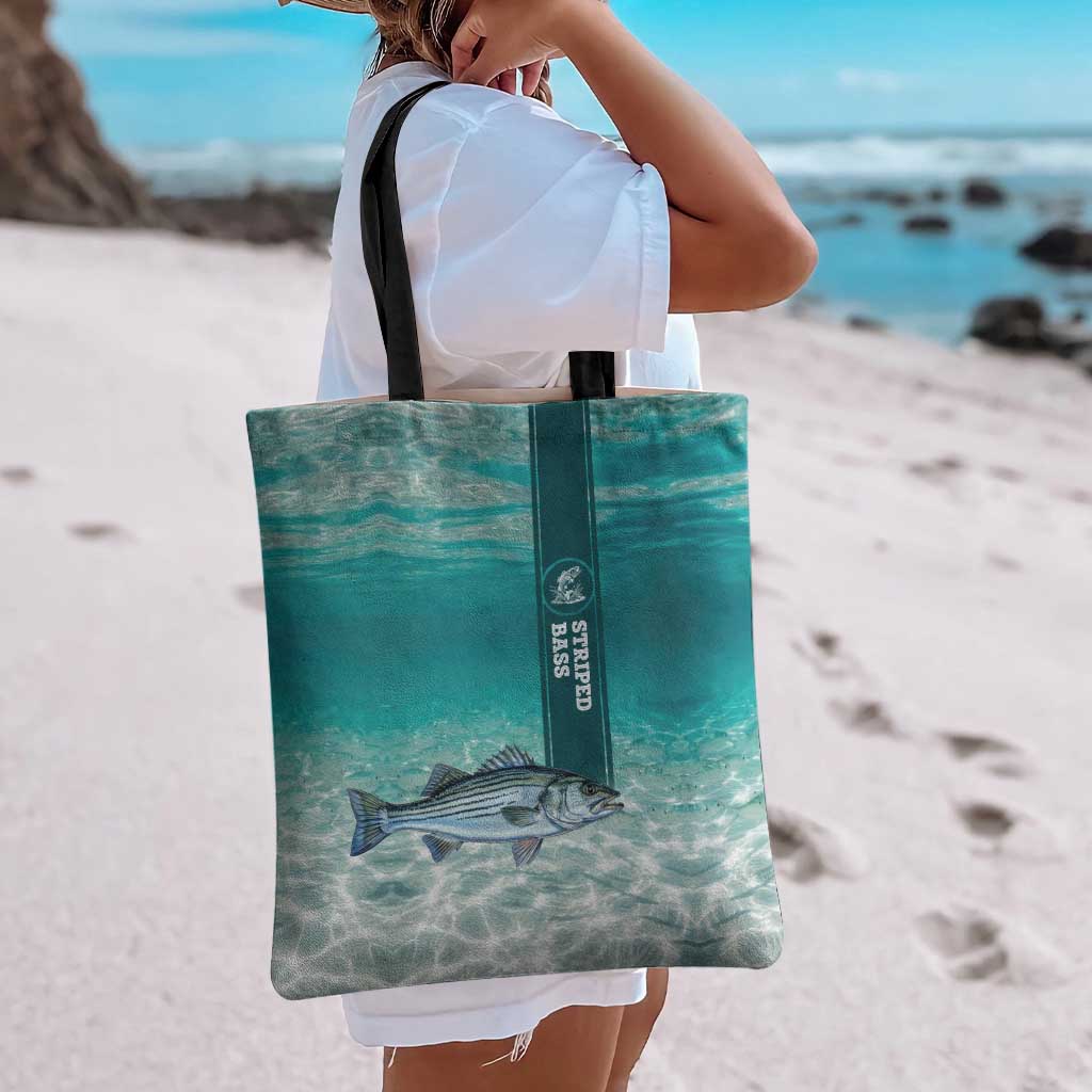 Striped Bass Fishing Tote Bag with Underwater Ocean Scene and Teal Water Pattern - Wonder Print Shop