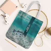 Striped Bass Fishing Tote Bag with Underwater Ocean Scene and Teal Water Pattern - Wonder Print Shop