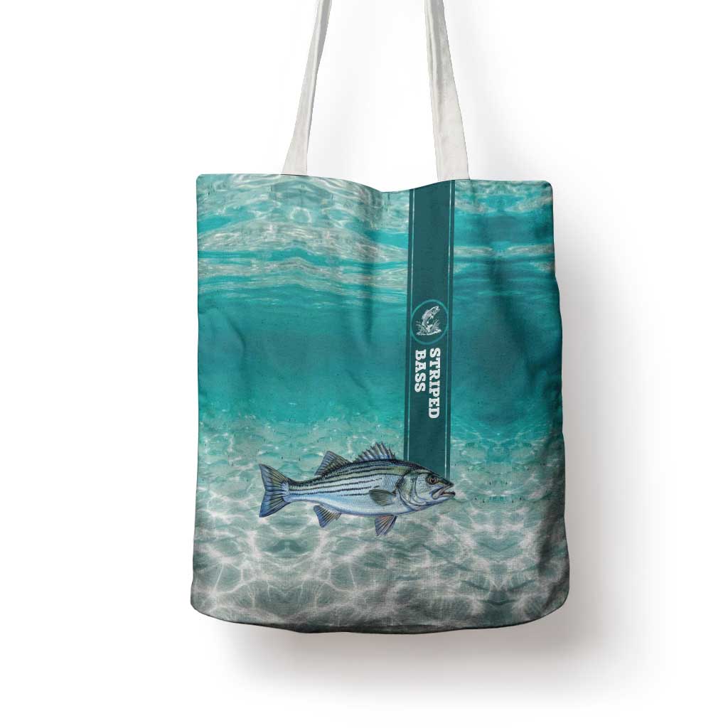 Striped Bass Fishing Tote Bag with Underwater Ocean Scene and Teal Water Pattern - Wonder Print Shop