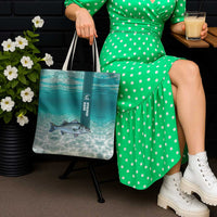 Striped Bass Fishing Tote Bag with Underwater Ocean Scene and Teal Water Pattern - Wonder Print Shop