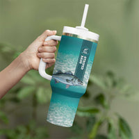 Striped Bass Fishing Tumbler With Handle with Underwater Ocean Scene and Teal Water Pattern - Wonder Print Shop