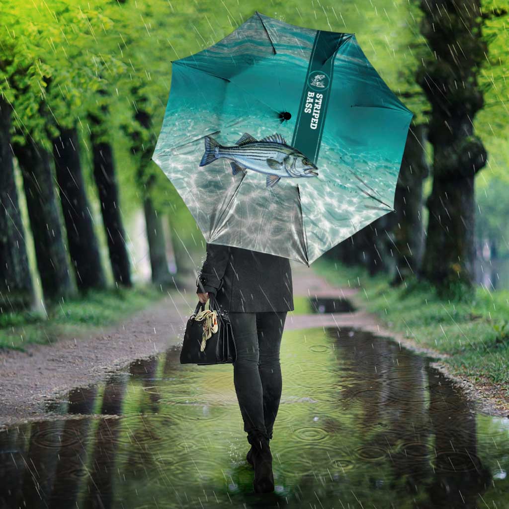 Striped Bass Fishing Umbrella with Underwater Ocean Scene and Teal Water Pattern - Wonder Print Shop