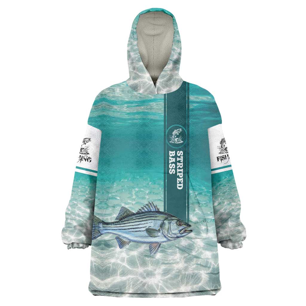 Striped Bass Fishing Wearable Blanket Hoodie with Underwater Ocean Scene and Teal Water Pattern - Wonder Print Shop