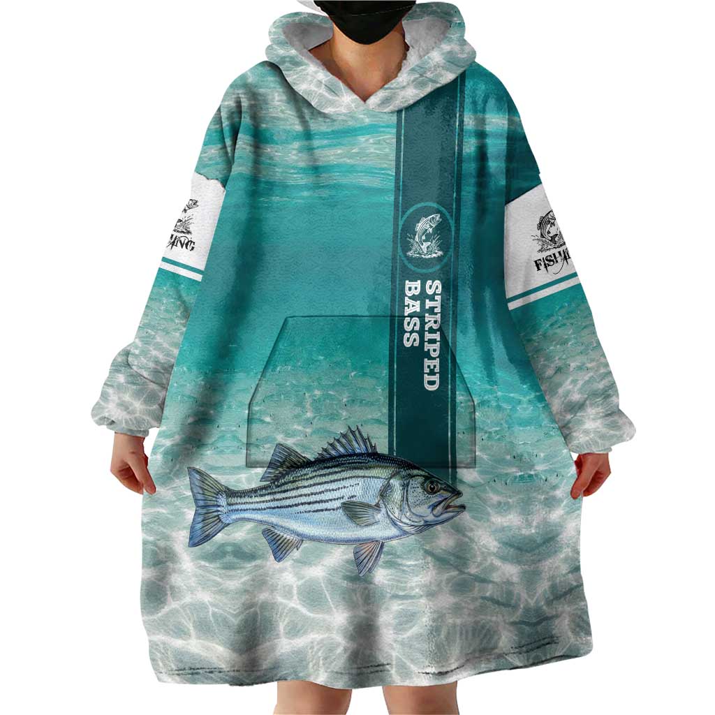 Striped Bass Fishing Wearable Blanket Hoodie with Underwater Ocean Scene and Teal Water Pattern - Wonder Print Shop