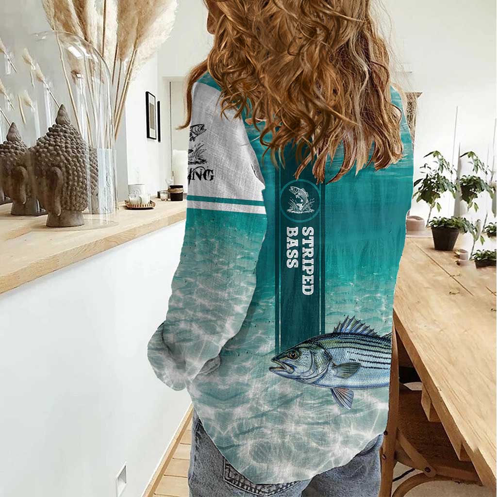 Striped Bass Fishing Women Casual Shirt with Underwater Ocean Scene and Teal Water Pattern - Wonder Print Shop