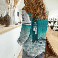 Striped Bass Fishing Women Casual Shirt with Underwater Ocean Scene and Teal Water Pattern - Wonder Print Shop
