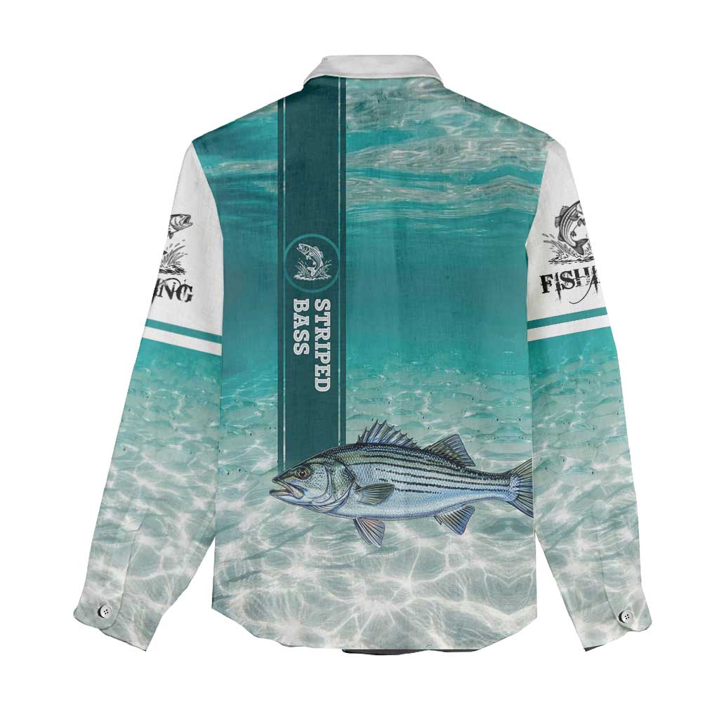 Striped Bass Fishing Women Casual Shirt with Underwater Ocean Scene and Teal Water Pattern - Wonder Print Shop