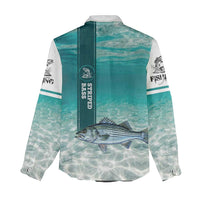 Striped Bass Fishing Women Casual Shirt with Underwater Ocean Scene and Teal Water Pattern - Wonder Print Shop