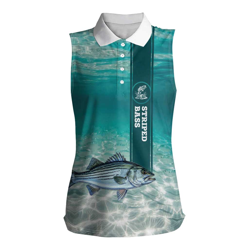 Striped Bass Fishing Women Sleeveless Polo Shirt with Underwater Ocean Scene and Teal Water Pattern - Wonder Print Shop