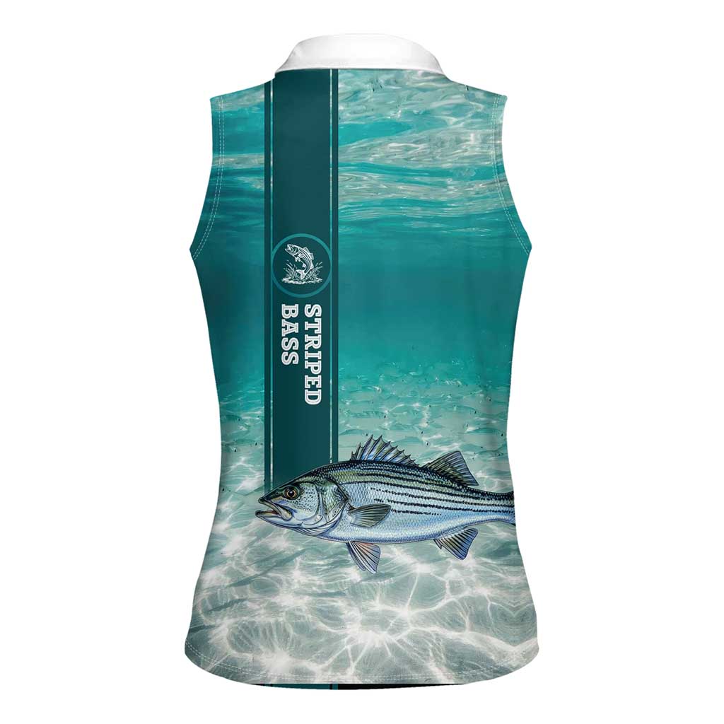 Striped Bass Fishing Women Sleeveless Polo Shirt with Underwater Ocean Scene and Teal Water Pattern - Wonder Print Shop