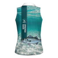Striped Bass Fishing Women Sleeveless Polo Shirt with Underwater Ocean Scene and Teal Water Pattern - Wonder Print Shop