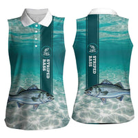 Striped Bass Fishing Women Sleeveless Polo Shirt with Underwater Ocean Scene and Teal Water Pattern - Wonder Print Shop