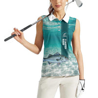Striped Bass Fishing Women Sleeveless Polo Shirt with Underwater Ocean Scene and Teal Water Pattern - Wonder Print Shop