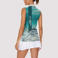 Striped Bass Fishing Women Sleeveless Polo Shirt with Underwater Ocean Scene and Teal Water Pattern - Wonder Print Shop