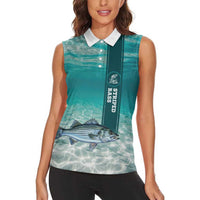 Striped Bass Fishing Women Sleeveless Polo Shirt with Underwater Ocean Scene and Teal Water Pattern - Wonder Print Shop