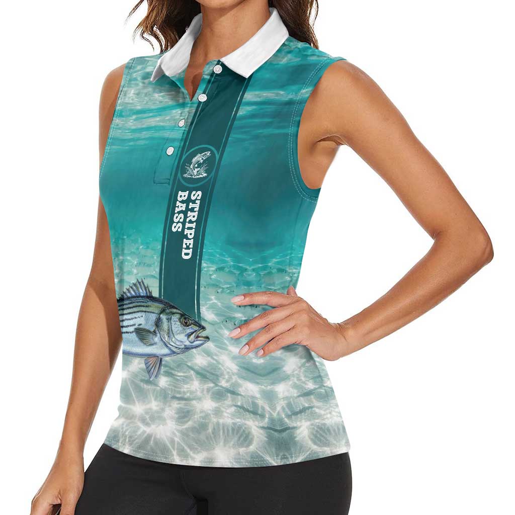 Striped Bass Fishing Women Sleeveless Polo Shirt with Underwater Ocean Scene and Teal Water Pattern - Wonder Print Shop