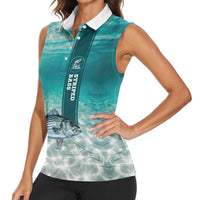 Striped Bass Fishing Women Sleeveless Polo Shirt with Underwater Ocean Scene and Teal Water Pattern - Wonder Print Shop