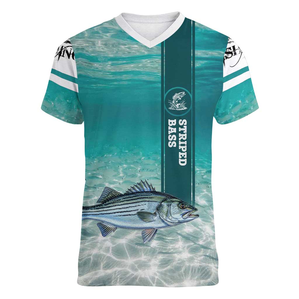 Striped Bass Fishing Women V-Neck T-Shirt with Underwater Ocean Scene and Teal Water Pattern - Wonder Print Shop