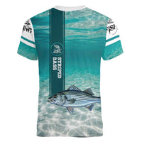 Striped Bass Fishing Women V-Neck T-Shirt with Underwater Ocean Scene and Teal Water Pattern - Wonder Print Shop