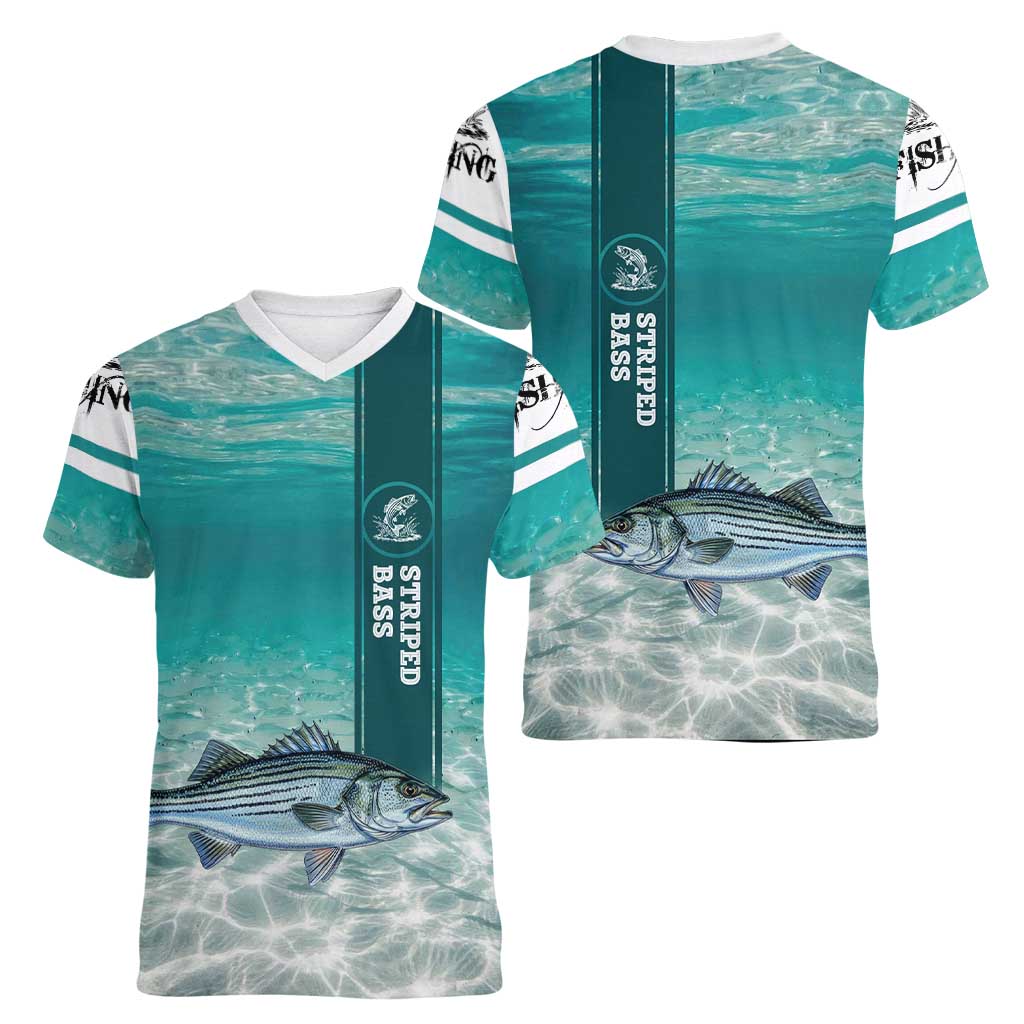 Striped Bass Fishing Women V-Neck T-Shirt with Underwater Ocean Scene and Teal Water Pattern - Wonder Print Shop