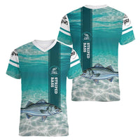 Striped Bass Fishing Women V-Neck T-Shirt with Underwater Ocean Scene and Teal Water Pattern - Wonder Print Shop