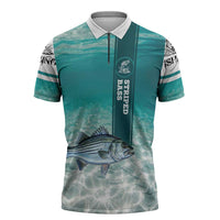 Striped Bass Fishing Zipper Polo Shirt with Underwater Ocean Scene and Teal Water Pattern - Wonder Print Shop