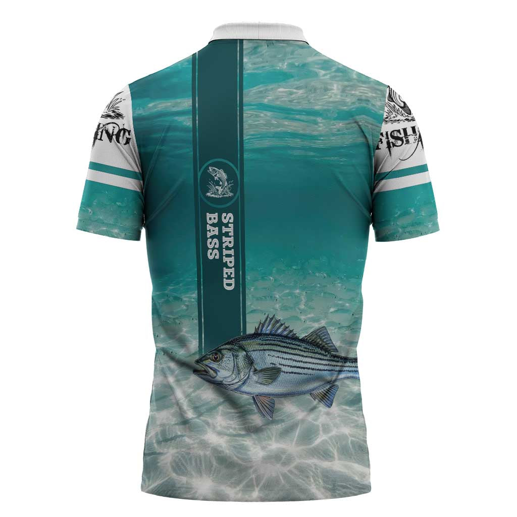 Striped Bass Fishing Zipper Polo Shirt with Underwater Ocean Scene and Teal Water Pattern - Wonder Print Shop