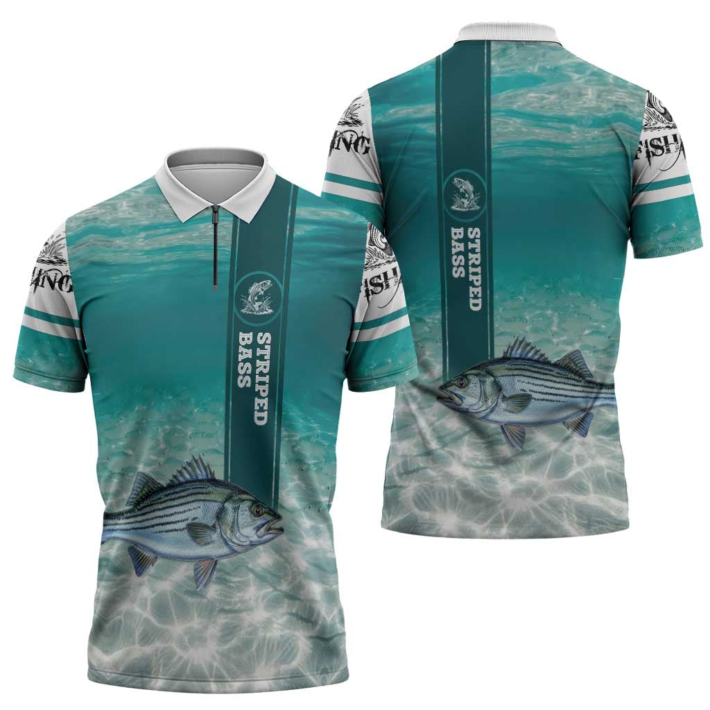 Striped Bass Fishing Zipper Polo Shirt with Underwater Ocean Scene and Teal Water Pattern - Wonder Print Shop